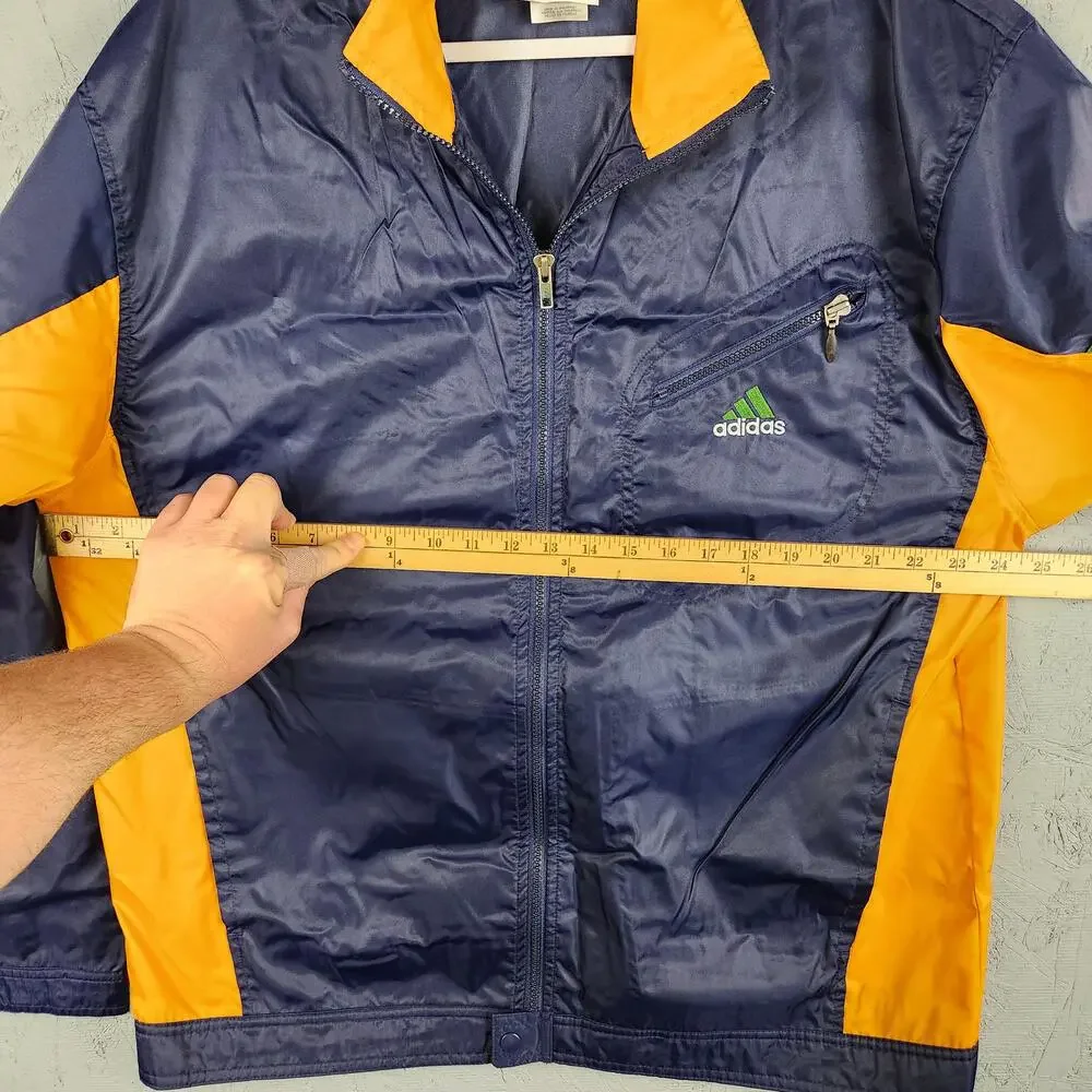 Adidas Jacket Mens Large Blue Yellow Windbreaker Track Nylon 3 Stripes Full Zip